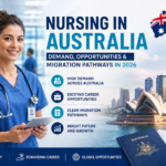 Nurse in Australia hospital holding tablet with city skyline, representing nursing jobs demand, career opportunities, and migration pathways in Australia 2026