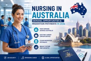 Nurse in Australia hospital holding tablet with city skyline, representing nursing jobs demand, career opportunities, and migration pathways in Australia 2026