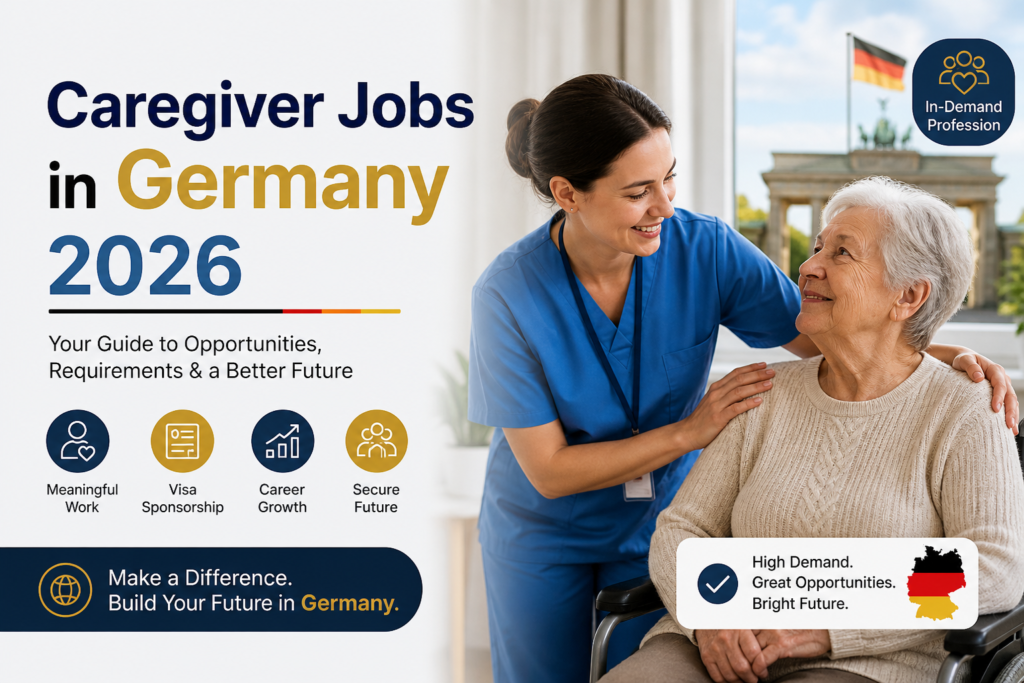 Professional caregiver assisting an elderly woman in Germany, highlighting caregiver jobs opportunities in Germany 2026 with visa sponsorship and career growth.