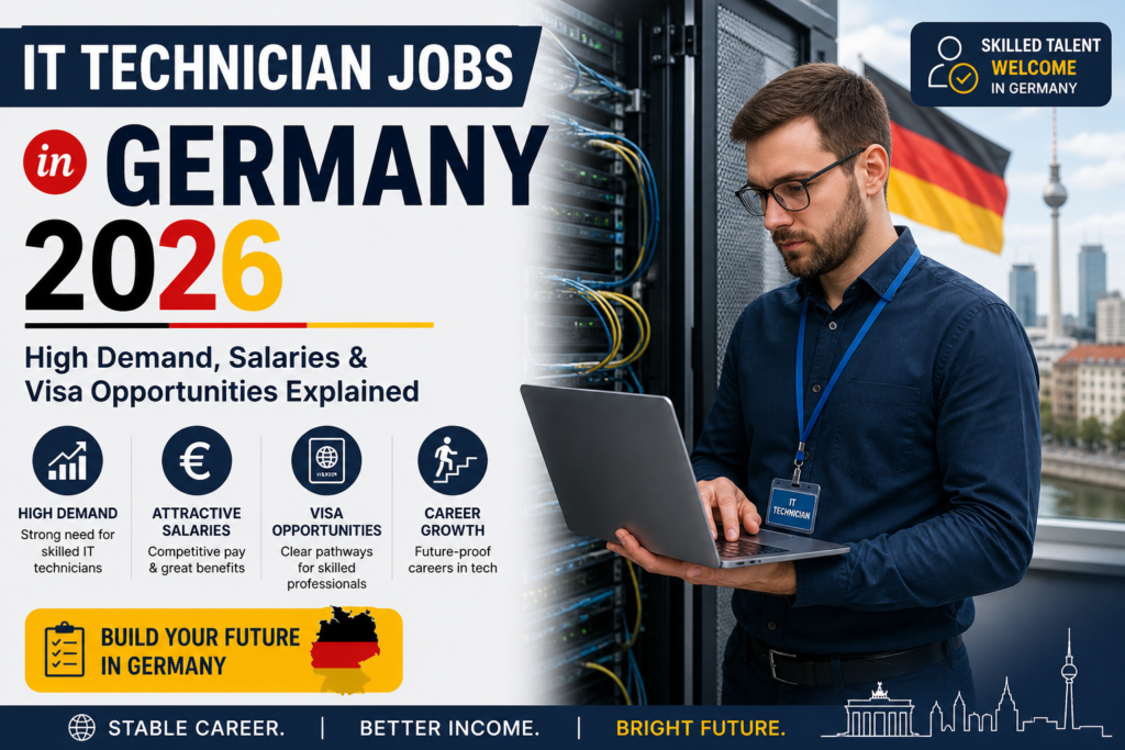IT technician working in a modern German data center handling servers and network systems representing IT technician jobs in Germany 2026 with high demand, salaries, and visa opportunities