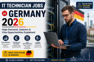 IT technician working in a modern German data center handling servers and network systems representing IT technician jobs in Germany 2026 with high demand, salaries, and visa opportunities