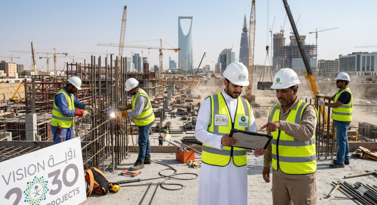 Construction & Skilled Trades Jobs in Saudi Arabia: High-Demand Careers Supporting Vision 2030 Projects featuring Construction & Skilled Trades professionals working on large-scale infrastructure projects, cranes, and modern city development sites across Saudi construction zones.