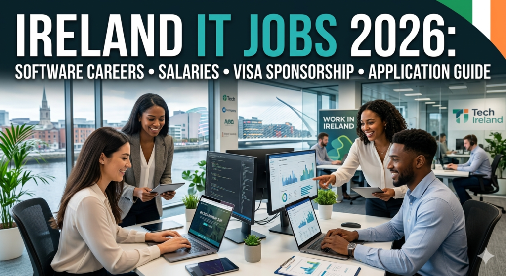 Professional IT experts working in a modern Dublin tech office with digital coding screens, analytics dashboards, and Ireland cityscape in the background representing high-paying software careers and visa-sponsored tech jobs in Ireland for 2026.