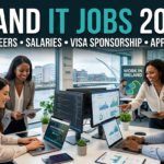 Professional IT experts working in a modern Dublin tech office with digital coding screens, analytics dashboards, and Ireland cityscape in the background representing high-paying software careers and visa-sponsored tech jobs in Ireland for 2026.