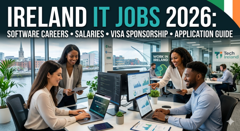 Professional IT experts working in a modern Dublin tech office with digital coding screens, analytics dashboards, and Ireland cityscape in the background representing high-paying software careers and visa-sponsored tech jobs in Ireland for 2026.