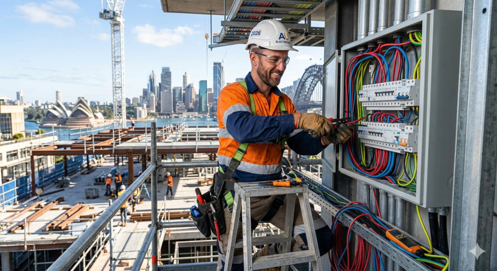 Featured image showing an electrician in safety gear working in Australia.