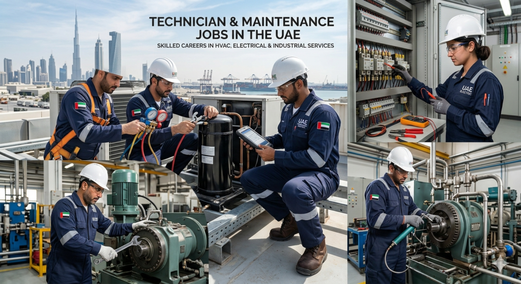 Technician and maintenance workers in the UAE providing HVAC, electrical, and industrial services at a modern facility.