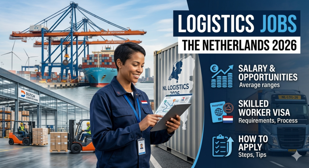Professional logistics workers in a modern Dutch warehouse and shipping hub with cargo containers, forklifts, digital tracking screens, and Amsterdam skyline elements representing high-paying logistics jobs in the Netherlands in 2026.