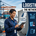 Professional logistics workers in a modern Dutch warehouse and shipping hub with cargo containers, forklifts, digital tracking screens, and Amsterdam skyline elements representing high-paying logistics jobs in the Netherlands in 2026.