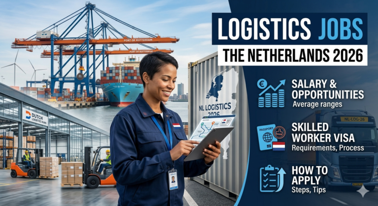 Professional logistics workers in a modern Dutch warehouse and shipping hub with cargo containers, forklifts, digital tracking screens, and Amsterdam skyline elements representing high-paying logistics jobs in the Netherlands in 2026.