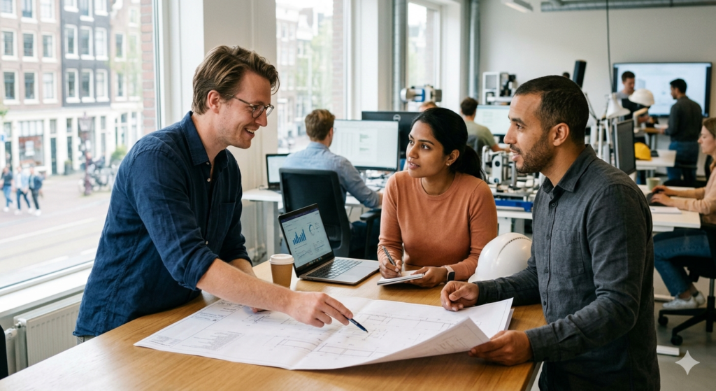 Professional engineers working in a modern Dutch office with Amsterdam skyline and digital engineering graphics, representing engineering jobs in the Netherlands in 2026.