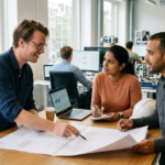 Professional engineers working in a modern Dutch office with Amsterdam skyline and digital engineering graphics, representing engineering jobs in the Netherlands in 2026.