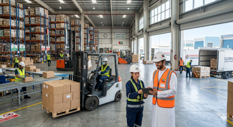 Warehouse & Light Industrial Jobs in the UAE logistics workforce showing Warehouse & Light Industrial Jobs in action within the Emirates’ fast-growing supply chain sector