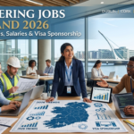 Professional engineers working in a modern Irish tech and industrial environment with Dublin skyline, showcasing engineering jobs in Ireland 2026, visa sponsorship opportunities, and high-paying careers.