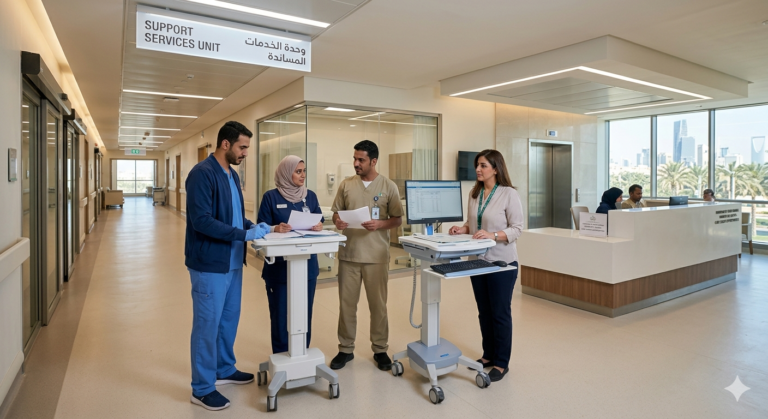 Healthcare Jobs in Saudi Arabia for expats in 2026 showing hospitals hiring support staff roles such as nurses, caregivers, lab assistants, and administrative workers in a modern medical facility setting