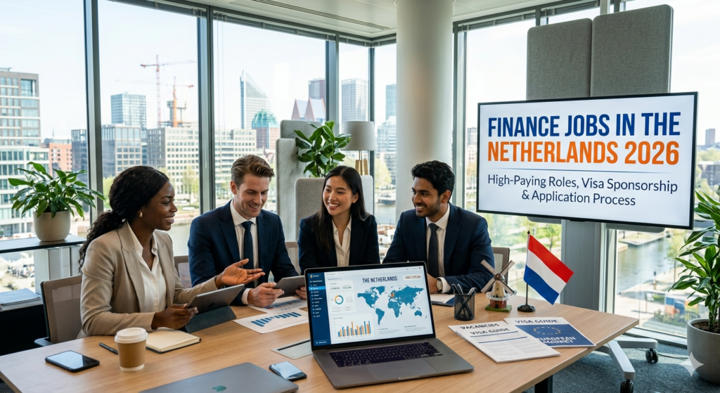 Professional finance professionals working in a modern Amsterdam office with digital financial charts and Netherlands skyline representing high-paying finance jobs in the Netherlands with visa sponsorship opportunities in 2026.