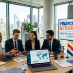 Professional finance professionals working in a modern Amsterdam office with digital financial charts and Netherlands skyline representing high-paying finance jobs in the Netherlands with visa sponsorship opportunities in 2026.
