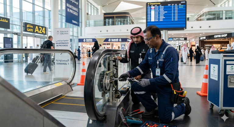 Foreign technicians and maintenance workers in Saudi Arabia travel sector inspecting airport equipment and performing repair tasks in a modern transport facility.