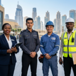 Foreign workers in UAE security and facility services jobs wearing professional uniforms at a modern commercial building.