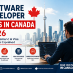 Software developer working on laptop in modern office representing software developer jobs in Canada 2026, highlighting salary, demand, and visa pathways