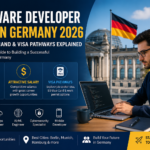 Software developer coding in a modern tech office representing software developer jobs in Germany 2026, focusing on salary, demand, and visa pathways for international workers