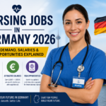 Professional nurse in Germany with medical uniform and stethoscope, highlighting nursing jobs in Germany 2026, high demand, salaries, and visa opportunities for international applicants.