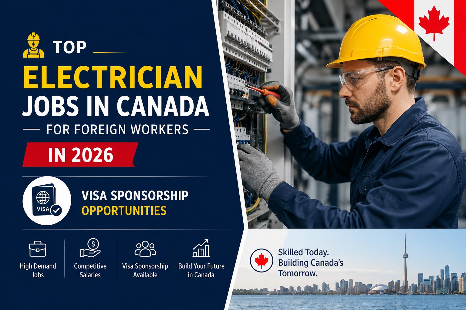 Electrician jobs in Canada 2026 for Foreign Workers in 2026 | Visa Sponsorship Opportunities highlighting skilled trades employment, licensed electrician roles, and pathways for international workers seeking employer-sponsored jobs in Canada.
