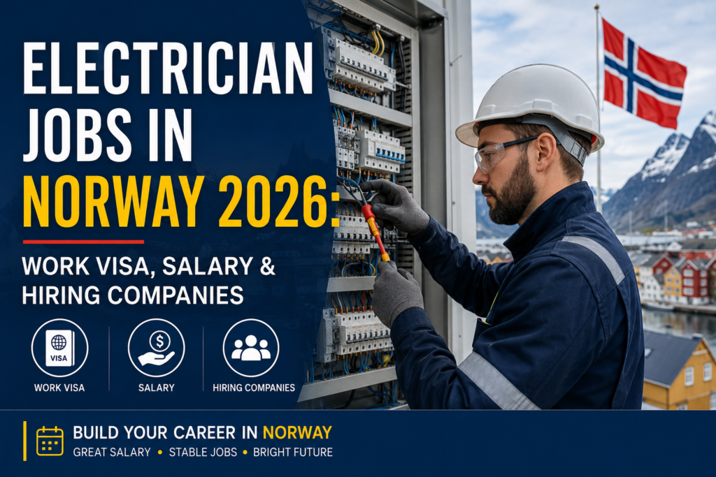 Norway Electrician Jobs in 2026: Work Visa, Salary & Hiring Companies featuring skilled electrician roles, competitive salaries, employer-sponsored work visas, and leading Norwegian companies hiring foreign professionals.