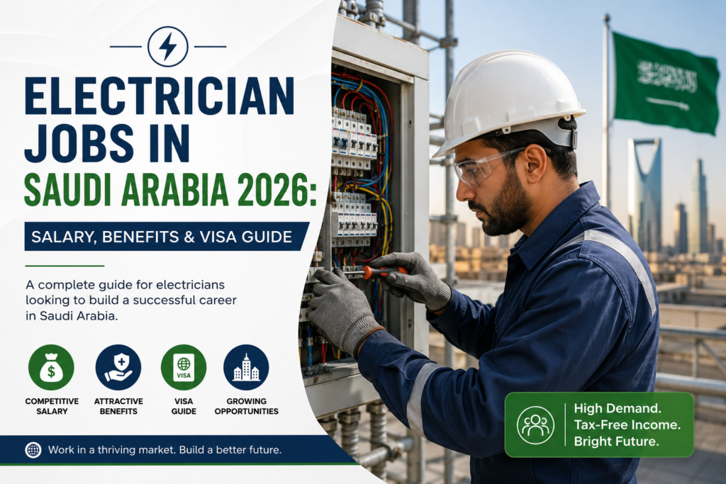 Electrician Jobs in Saudi Arabia 2026: Salary, Benefits & Visa Guide showcasing high-demand electrician careers, competitive salary packages, employment benefits, and work visa pathways for international applicants seeking opportunities in Saudi Arabia.