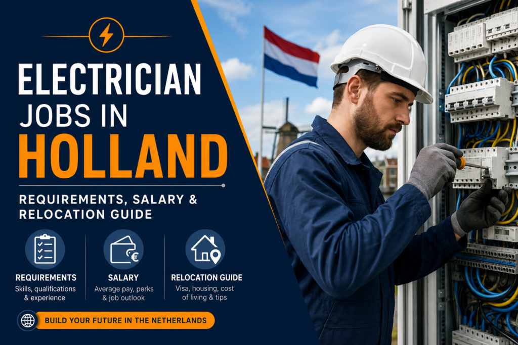 Electrician Jobs in Holland: Requirements, Salary & Relocation Guide highlighting electrician career opportunities, qualification requirements, salary expectations, and relocation pathways for foreign workers moving to the Netherlands.