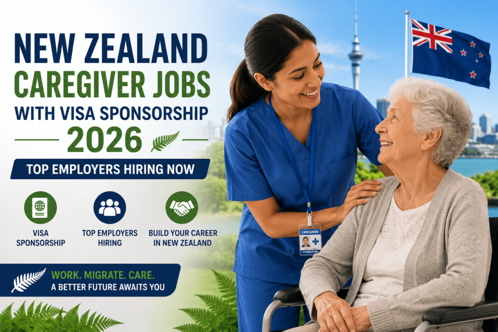 New Zealand Caregiver Jobs with Visa Sponsorship 2026: Top Employers Hiring Now highlighting healthcare support roles, eldercare opportunities, visa sponsorship pathways, and leading New Zealand employers actively recruiting foreign caregivers.